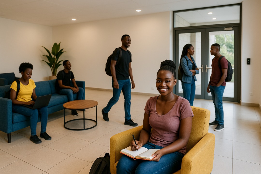 Students relaxing and studying in a comfortable lounge area